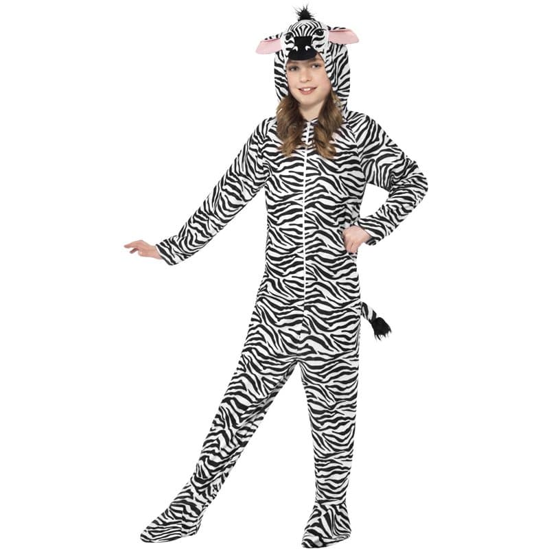 Smiffys Costume de zèbre, Noir et blanc, tout-en-un avec capuche