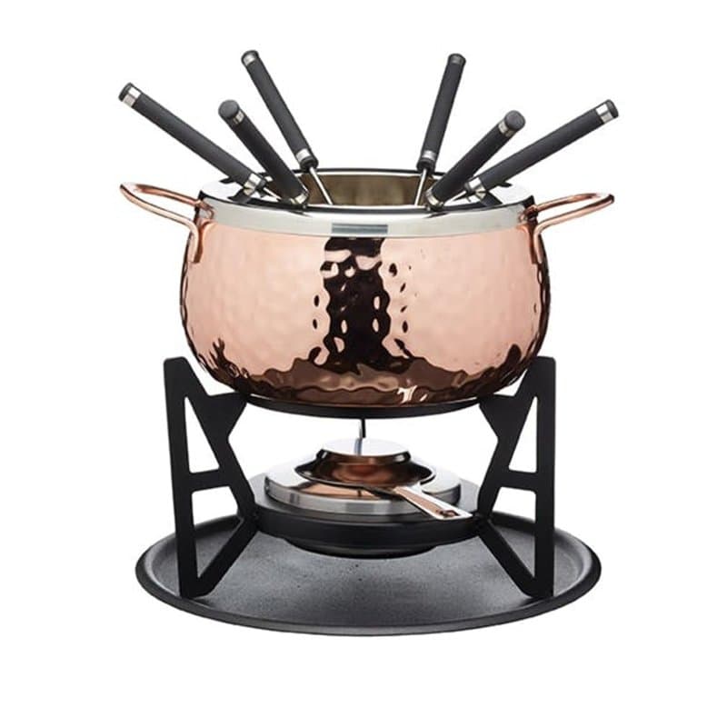 Artesà Set À Fondue Avec 6 Fourchettes Et Bol En Acier Inoxydable, Bol En Céramique, Support En Métal Et Brûleur À Double Combus