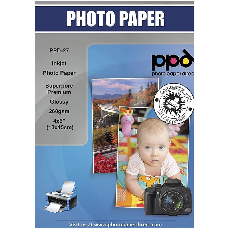 PPD 6x4” x 100 Papiers Photo PREMIUM Brillant 260g Jet d' Encre, Format environ A6 ou 10x15cm, Séchage Instantané, Qualité Profe