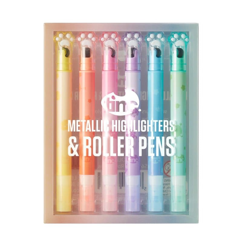 Tinc Lot de 6 surligneurs métallisés avec impression roller - Différents designs - Double pointe - Six couleurs au choix