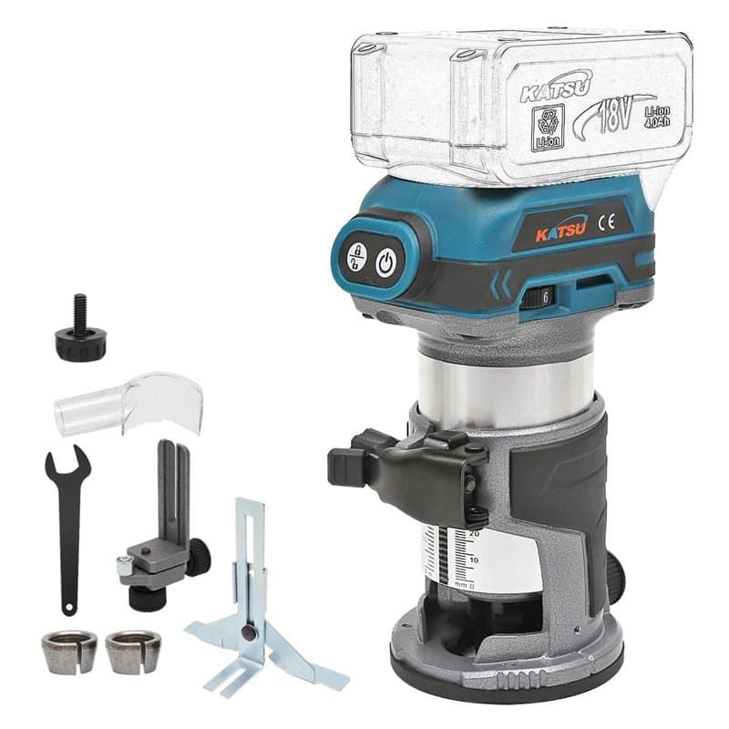 KATSU FIT-BAT 21V Brushless Défonceuse sans Fil Affleureuse à Bois Plastifieuse Routeur Menuisiers Outil avec 3 Pinces à Mandrin