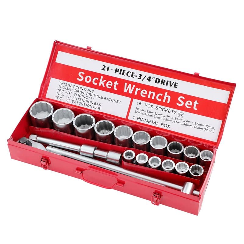 KATSU Jeu de Douilles 3/4" 21 Pièces, 19-50mm Métrique 12 Points avec Clé à Cliquet 24 Dents Dans un Boîtier en Acier, Outil de