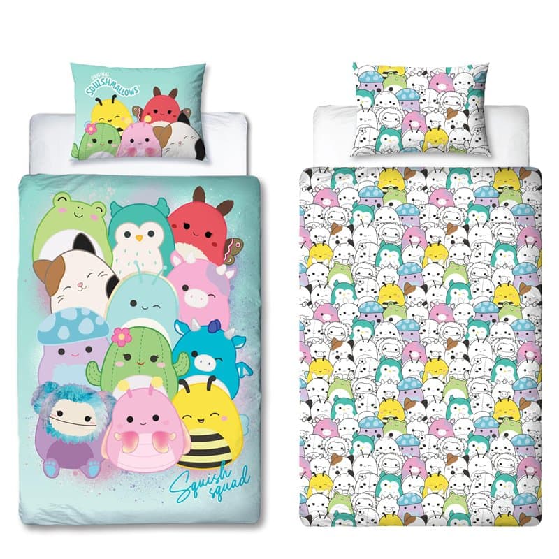 Character World Squishmallows Parure de lit Simple sous Licence Officielle Flash | Parure de lit réversible Double Face avec tai