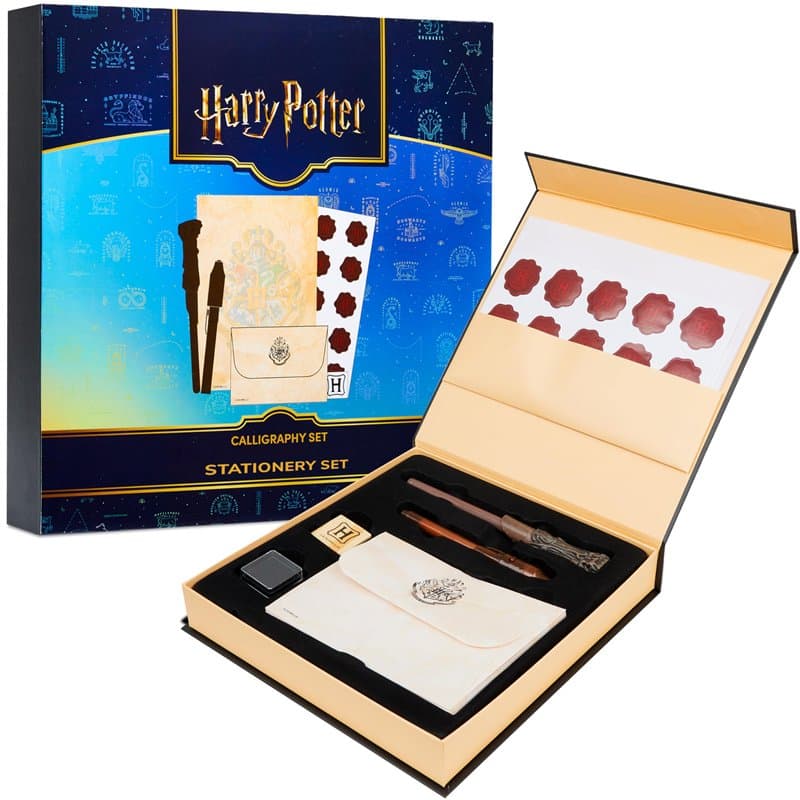 Harry Potter Coffret Papier à Lettre Poudlard Stylo Baguette Magique Bloc Note Enveloppes Stickers Sceau Tampon, Cadeau Harry Po