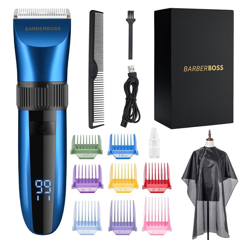 BarberBoss Tondeuse à barbe et à cheveux sans fil – Étanche avec lames en céramique, écran LED, charge rapide et peignes 8 coule