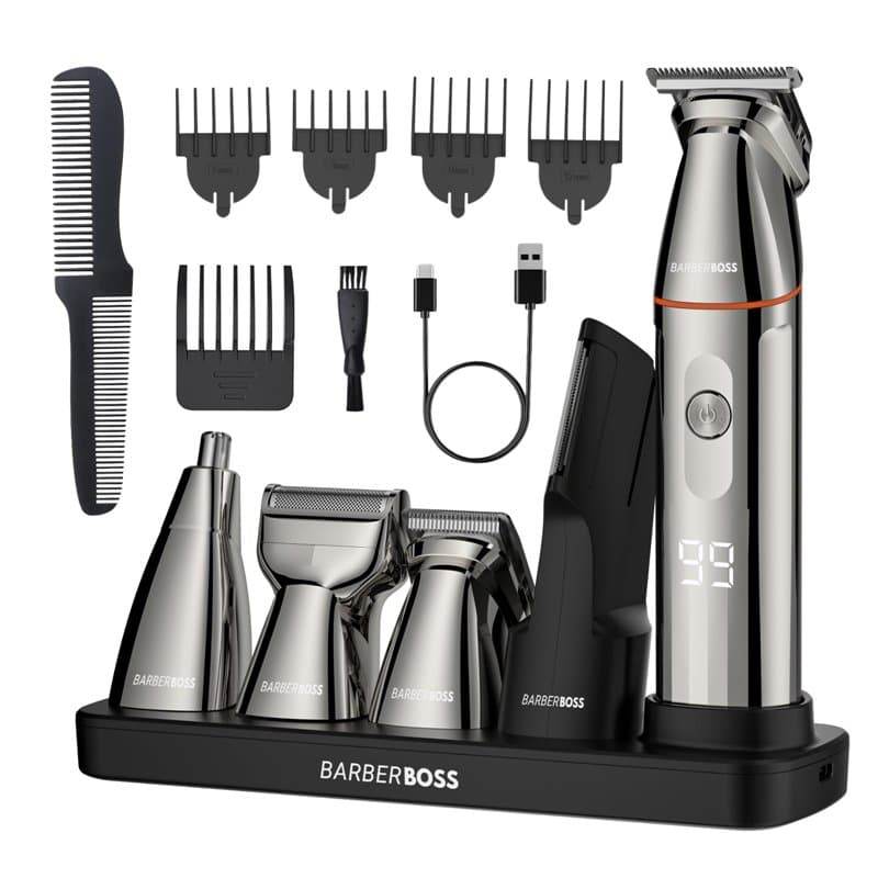 BarberBoss Tondeuse à barbe, Tondeuse à cheveux pour hommes, Kit de toilettage barbe 5 en 1 pour hommes, Ensemble de tondeuse à