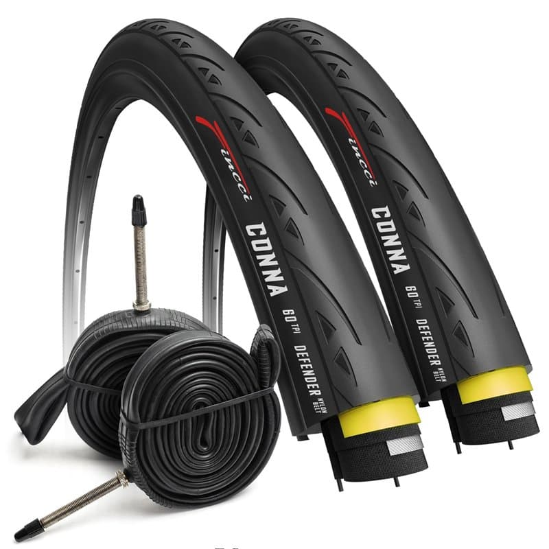 Fincci Pneu Velo Route 700x23c - Paire Pneus 23-622 Protection Antiponcture Anti-Crevaison 1mm, 60TPI avec 2X Chambre à Air 700x