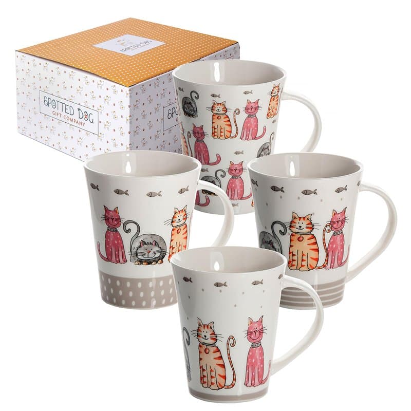 SPOTTED DOG GIFT COMPANY Lot de 4 Tasse Chat en Céramique, Ensemble de Mug Original pour le Thé Café avec Coffret, Mignon Mugs T