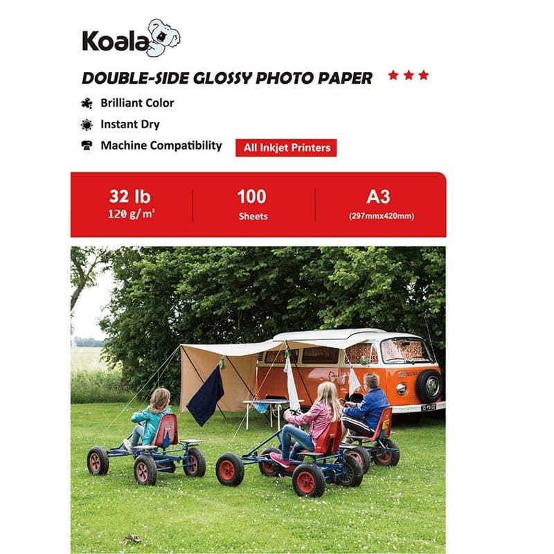 KOALA Papier Photo Double Face Brillant pour imprimante à Jet d'encre, A3, 120 g/m², 100 feuilles. Convient pour l'impression de
