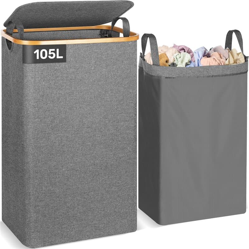 OUSFOT Panier à linge avec couvercle 105L corbeille a linge pliable avec sac à linge amovible panier a linge en bambou bac a lin