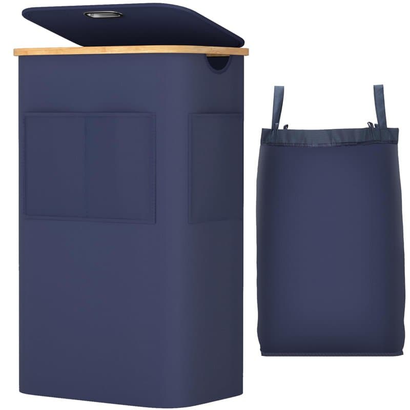OUSFOT Bac à Linge avec Couvercle, 105L Grand Panier à Linge avec Poignées en Bambou, Corbeille à Linge en Tissu 600D Oxford Imp