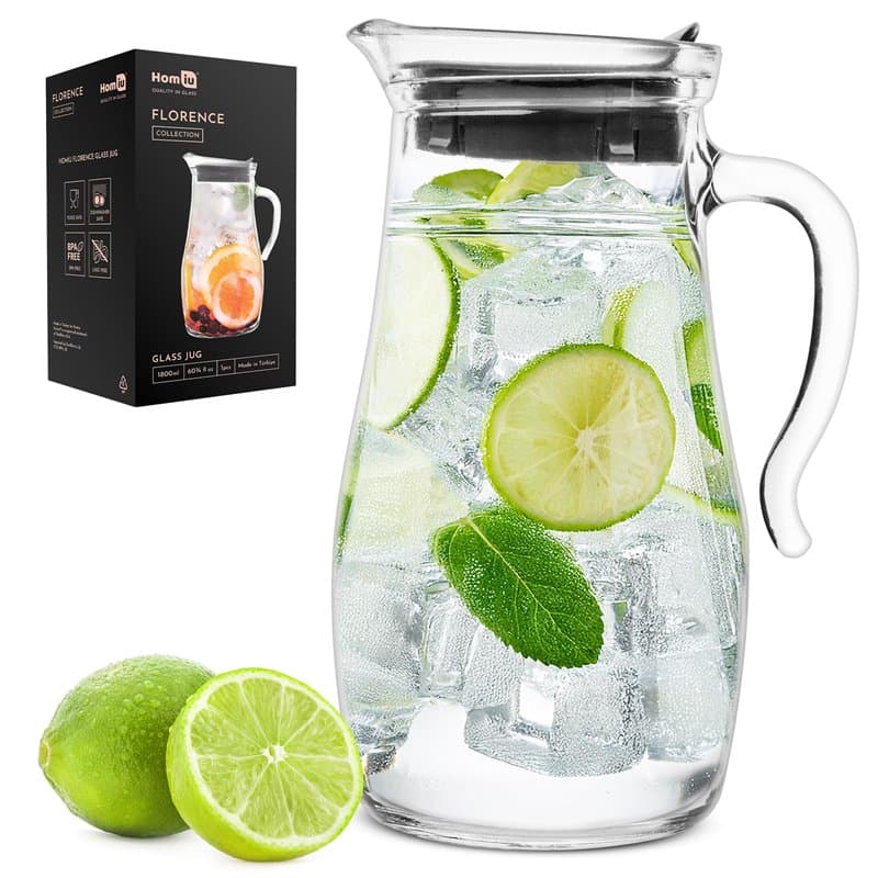 Homiu Carafe à eau en verre de 1,8 l avec couvercle | Carafe pour thé glacé, eau chaude et froide, vin, café, lait et jus de fru