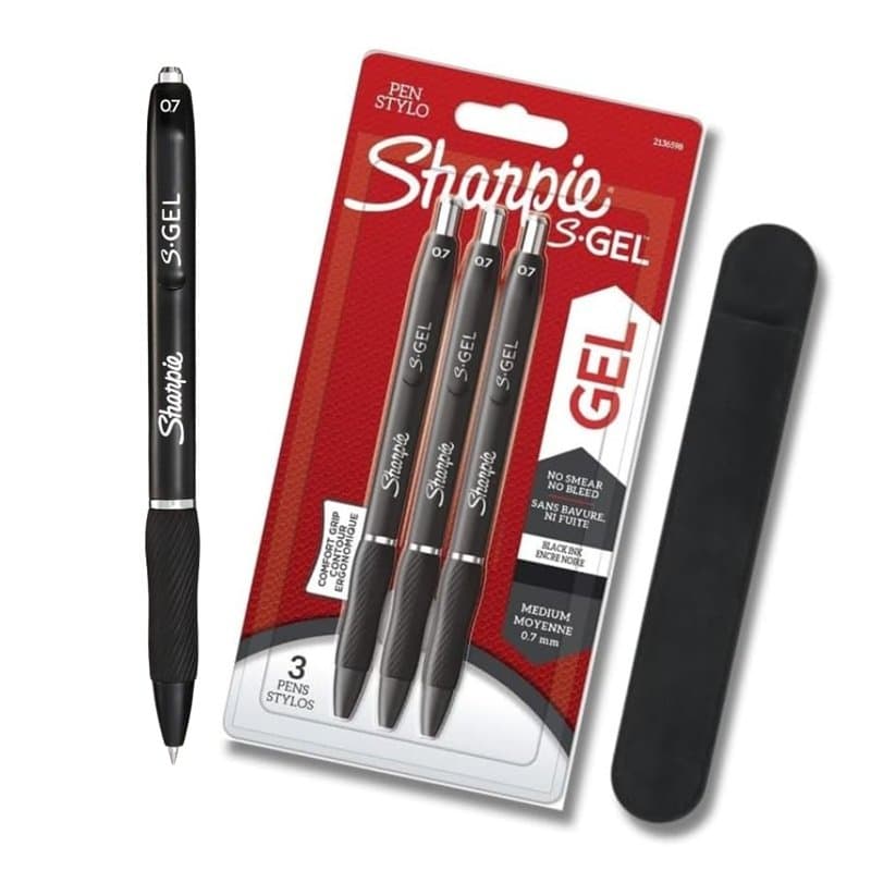 Sharpie S-Gel | Stylos gel | Pointe moyenne (0,7 mm) | Encre noire | 3 pièces + étui en velours noir