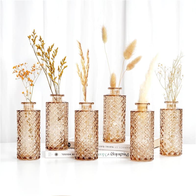 Winter Shore Vase Decoratif Ambre avec Motifs Diamant (Lot de 6) - Vase Fleur & Herbe de Pampa - Vase Vintage pour Décoration de