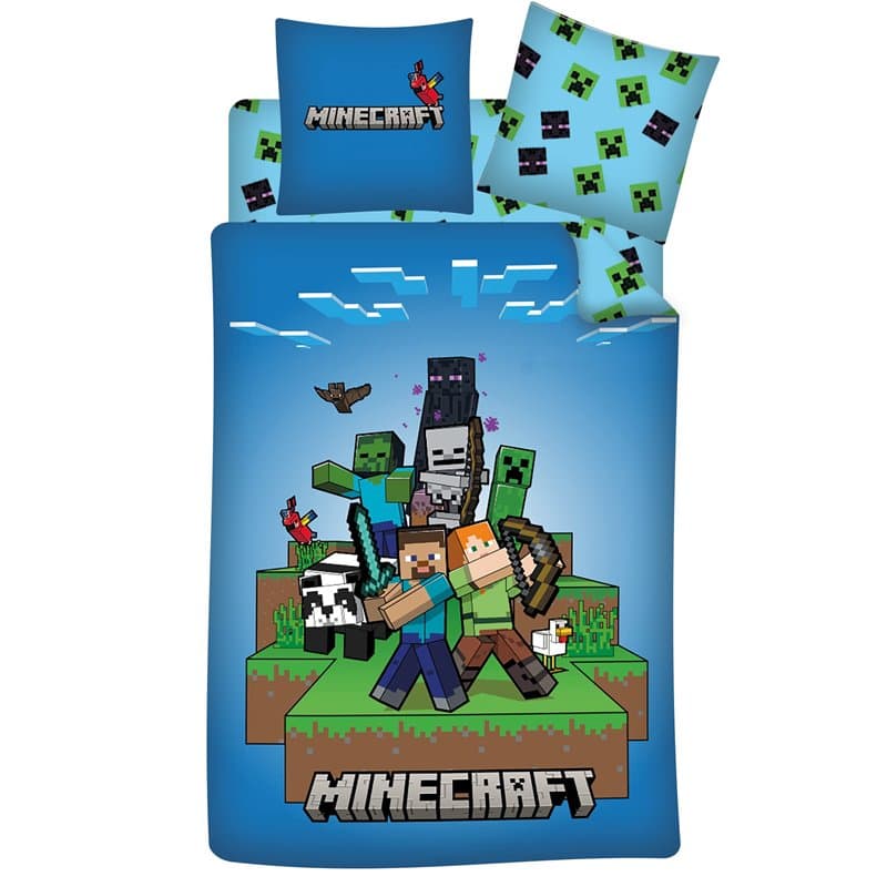 Parure de Lit 3 Pièces Minecraft Ready to Survive, Housse de Couette 140x200 cm + Taie d'oreiller 63x63 cm + Drap-Housse 90x190