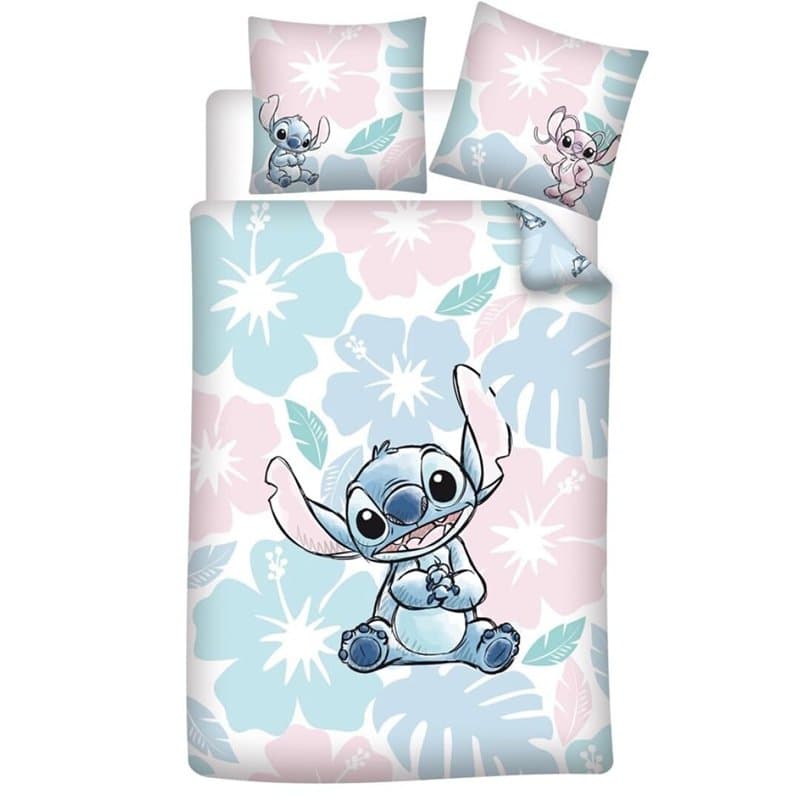 Parure de Lit Stitch Flowers 1 Personne, Housse de Couette 140x200 cm + Taie d'oreiller 65x65 cm, Polycoton