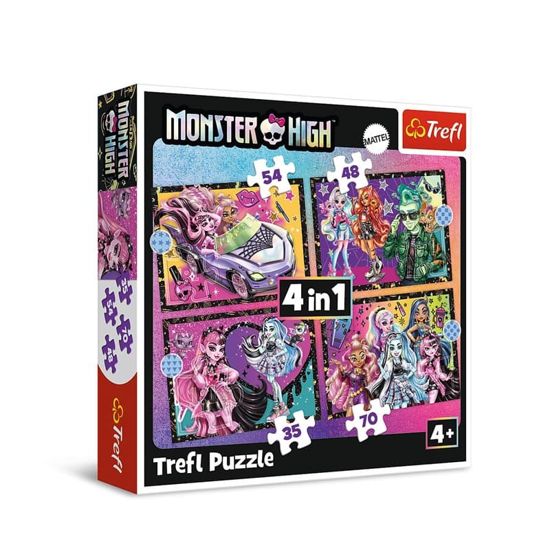 Trefl - Monster High, Journée Électrisante de Monster High - Puzzle 4en1, 4 Puzzles, de 35 à 70 Pièces - Différents Niveaux de d