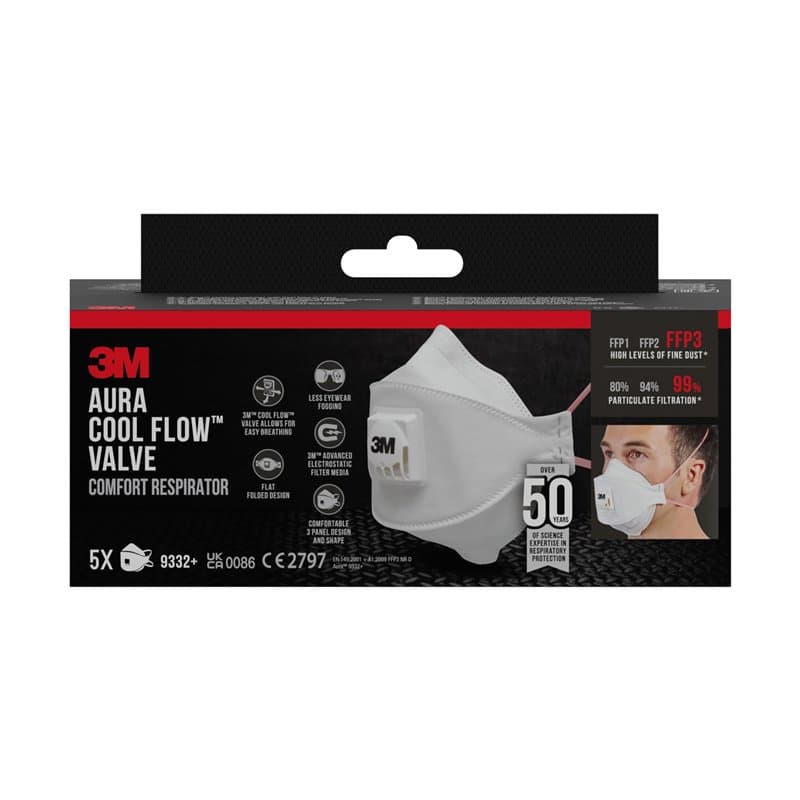 3M Aura 9332+, FFP3 masque protection pour matériaux isolants et bois durs avec soupape, 5/PK