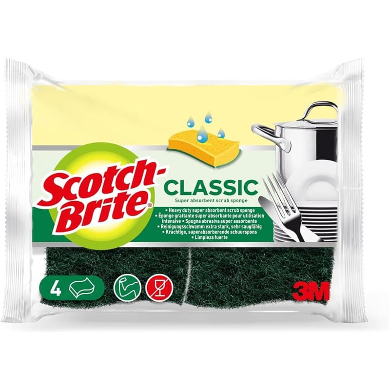 Scotch-Brite Classic Éponge à Récurer en Cellulose Non Rayante - 4 Pièces - Tampon à Récurer Très Absorbant Indiqué pour Les Tâc