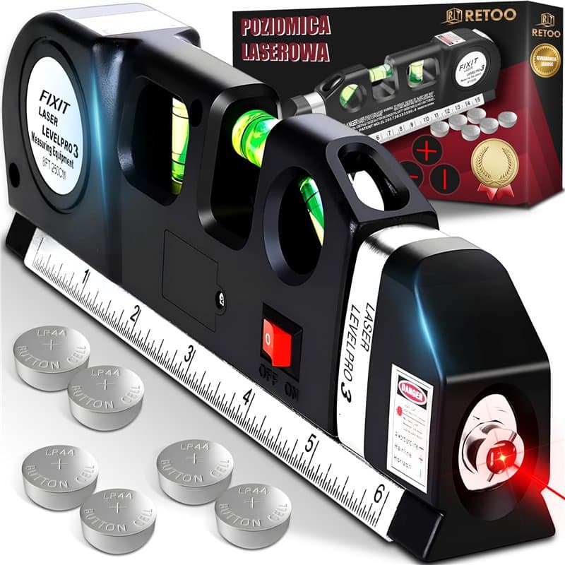 Retoo Niveau à Bulle Laser Avec Ruban à Mesurer 250cm, Laser en Croix, Règle en Acier 16cm