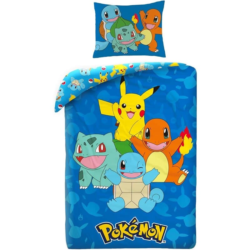 Parure de lit Pokémon 135 x 200 cm + 80 x 80 cm - Pokémon Pikachu, Glumanda, Schiggy & Bisasam - Parure de lit pour enfant - 2 p