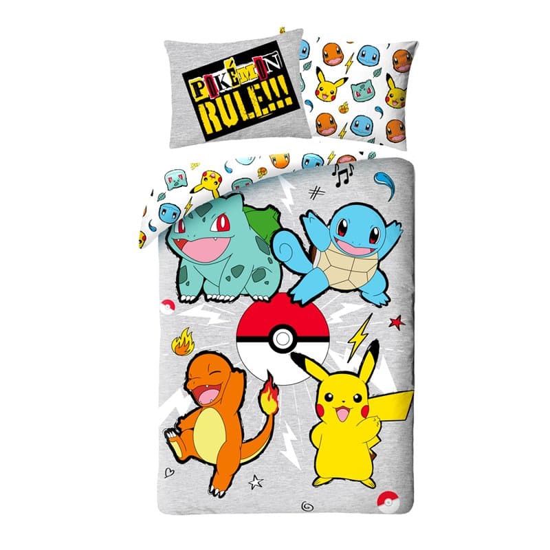Parure de Lit Pokemon pour Enfant, Housse de Couette 140x200 cm + Taie d'oreiller 65x65 cm, avec Salamèche, Bulbizarre, Carapuce