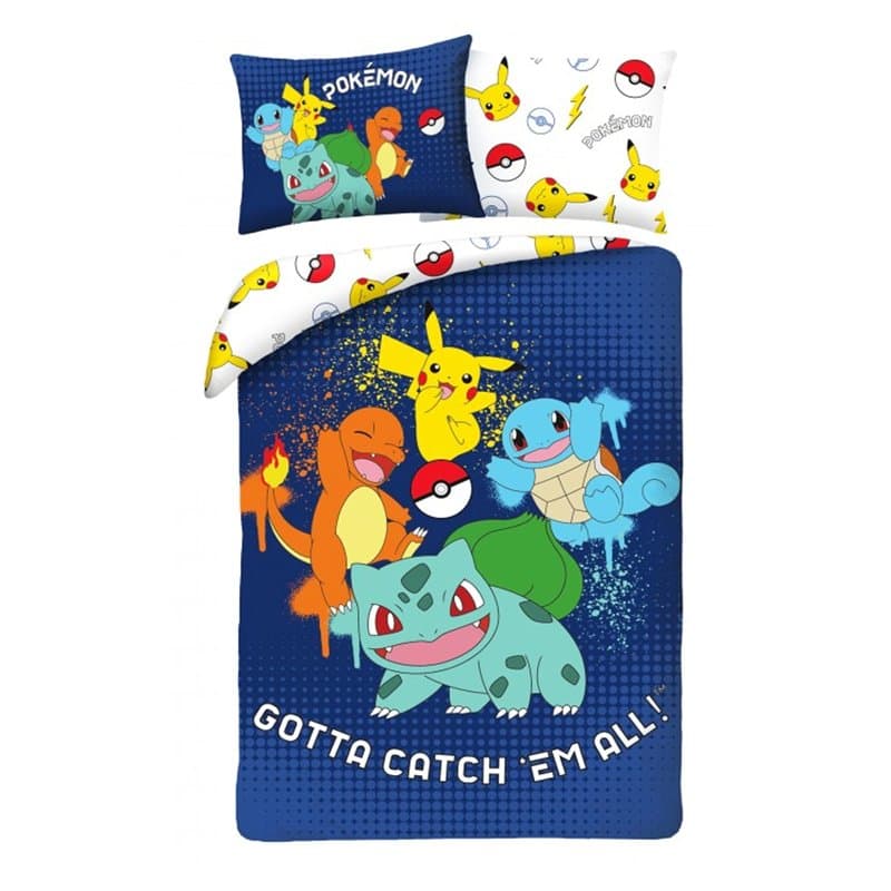 Parure de lit réversible pour enfant - Housse de couette 140 x 200 cm et taie d'oreiller 70 x 90 cm - Pokémon avec Pikachu, Glum