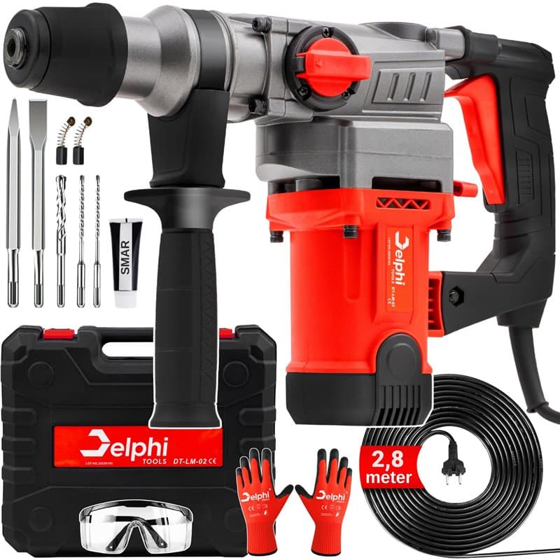 Delphi SDS Plus Marteau perforateur 2200 W avec 3 fonctions Marteau de démolition Perceuse Marteau burineur avec mallette de 2,8