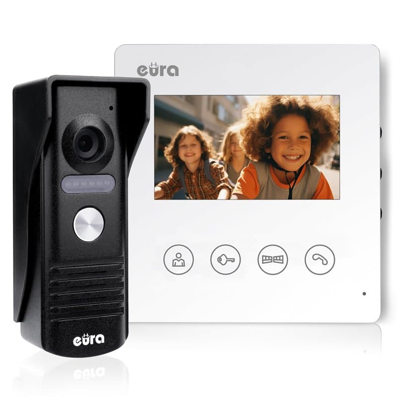 EURA Interphone vidéo VDP-52A3 ATIRA 4 fils, moniteur couleur 4,3 pouces, 2 entrées, 1 moniteur, blanc