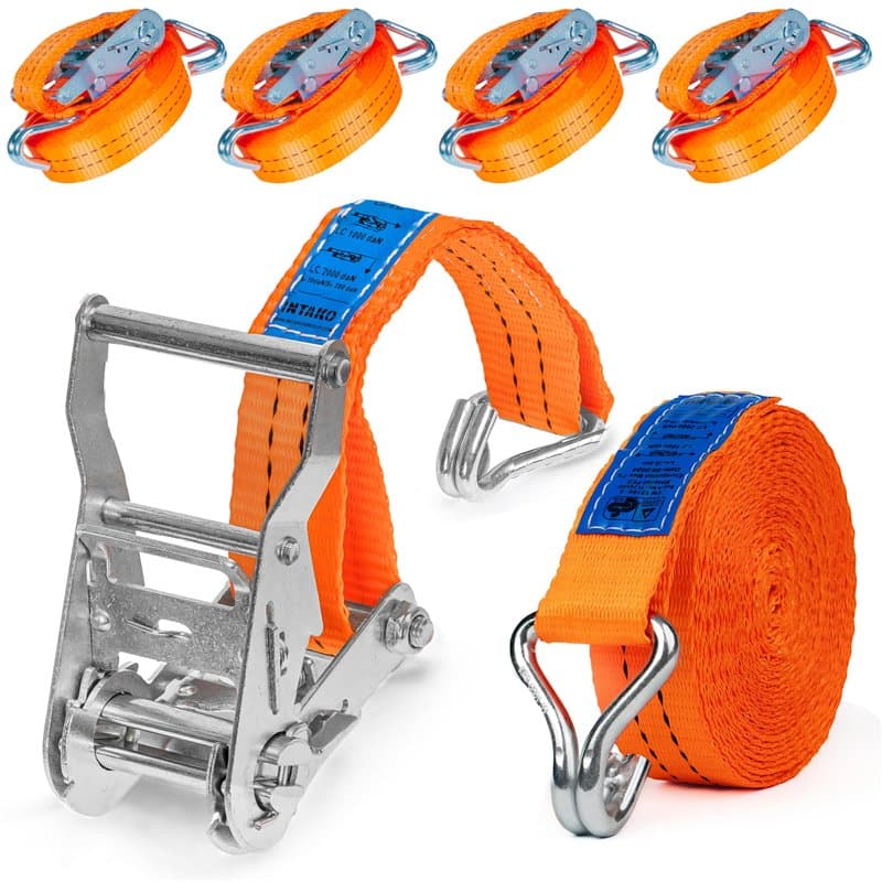 INTAKO - Sangle à Cliquet 6m 2000kg 35mm - Lot de 4 - Sangles D'arrimage avec Crochet Securises pour Moto Remorque, Quad, Camion