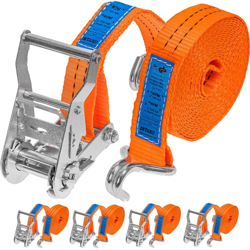 INTAKO Sangle à Cliquet 4m avec Crochet - 2000kg x 35mm - Lot de 4 - Sangles d'arrimage pour Moto Remorque, Quad - Sangle Tensio