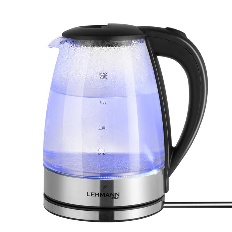 Lehmann Bouilloire en verre 2 litres, 2200W, bouilloire électrique en verre avec rétro-éclairage LED, arrêt automatique et prote