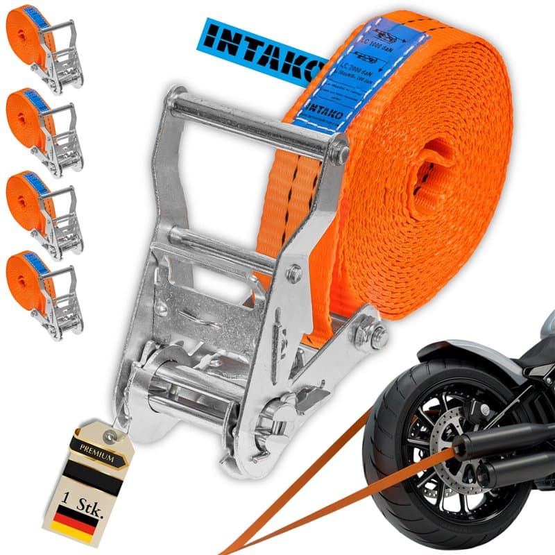 INTAKO Sangle à Cliquet 6m 35mm - Sangles d'arrimage avec Crochet de Sécurité 2000 kg - Sangle d'Arrimage avec Tendeur (Lot de 4