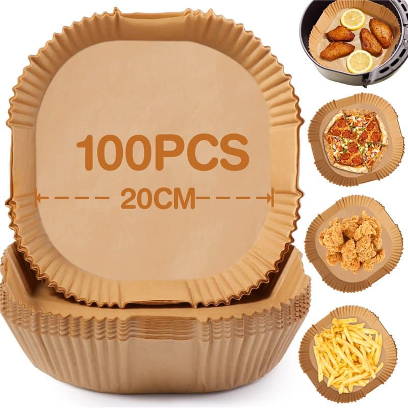 Diboniur Papier Cuisson Air Fryer, 100 Pièces 20cm Papier Sulfurisé pour Air Fryer, Antiadhésive Disposable Paper Liner Accessoi