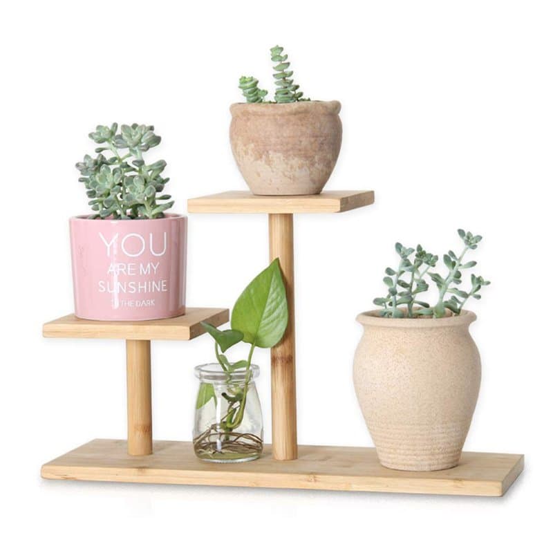 QUMENEY Support de plante en bambou intérieur, Mini support de plante succulente en bois de table à 3 niveaux, support d'afficha