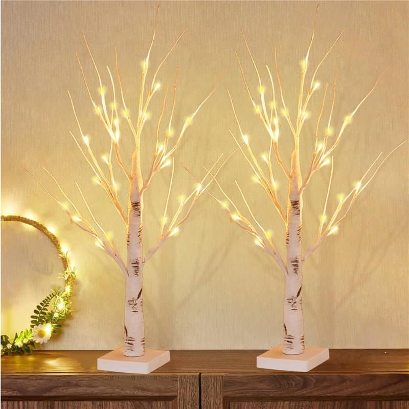 Lot de 2 Arbre Lumineux LED, 60cm/2ft Lumières de Bouleau avec 24 LEDs Lumières d'arbre de Noël,USB/Batterie Arbre Lumineux en B