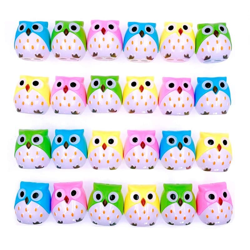 JZK 24 x Nouveauté Deux Trous Taille-Crayon avec Conteneur Jouet Hibou pour Cadeaux Anniversaire des enfants Remplisseur de Sac