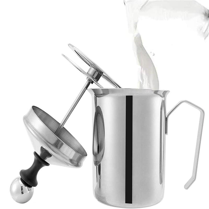 Lychee Mousseur à Lait Manuel,800ml en Acier Inoxydable Lait Frother avec Passoire Double pour Cappuccino et Café Latte