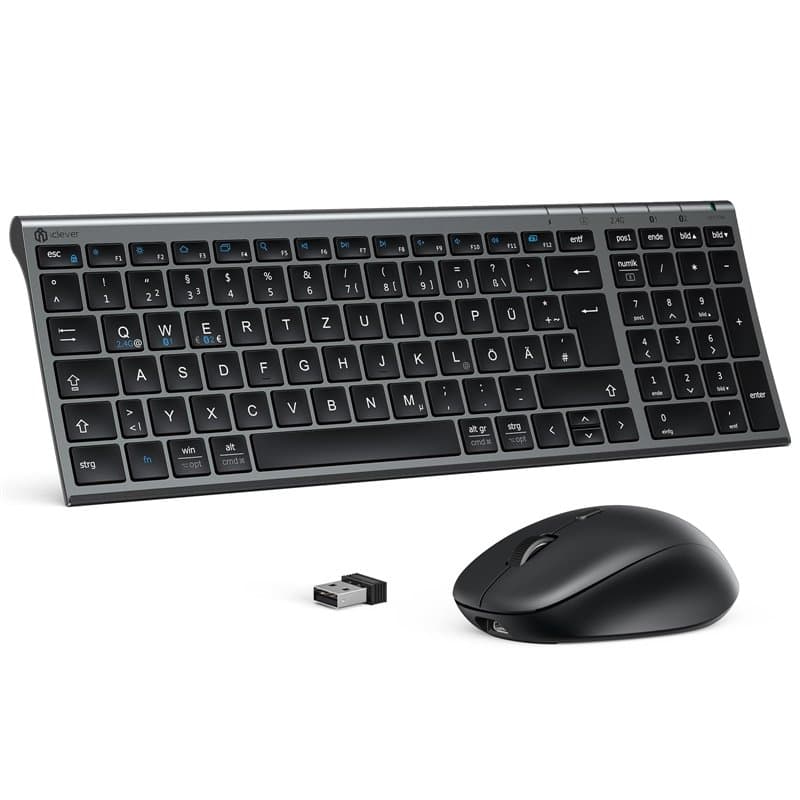 iClever Ensemble clavier souris sans fil Bluetooth avec souris, double mode rechargeable (Bluetooth 5.0 + 2.4 G), clavier sans f