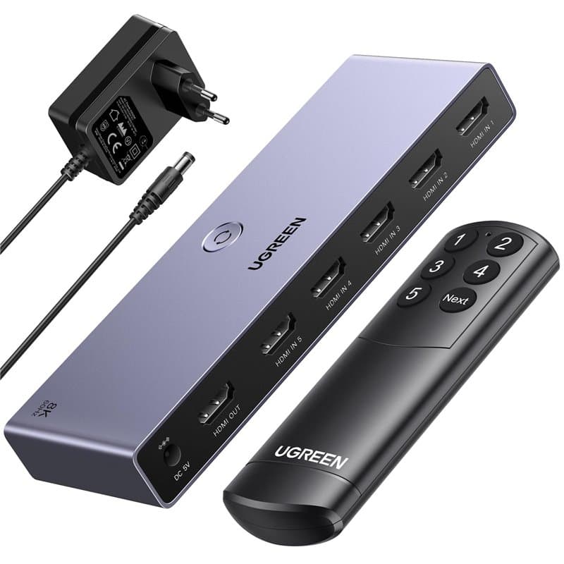 UGREEN Switch HDMI 8K 60Hz 5 Entrées 1 Sortie Commutateur HDMI 3D HDR10 VRR avec Télécommande Compatible avec PS5 PS4 Xbox One 3
