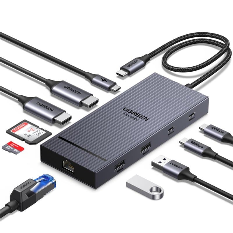 UGREEN Revodok Pro 2102 10Gbps Hub USB C Double HDMI 4K 60Hz Extension 2 Écrans 10 en 1 Docking Station Accueil Adaptateur RJ45