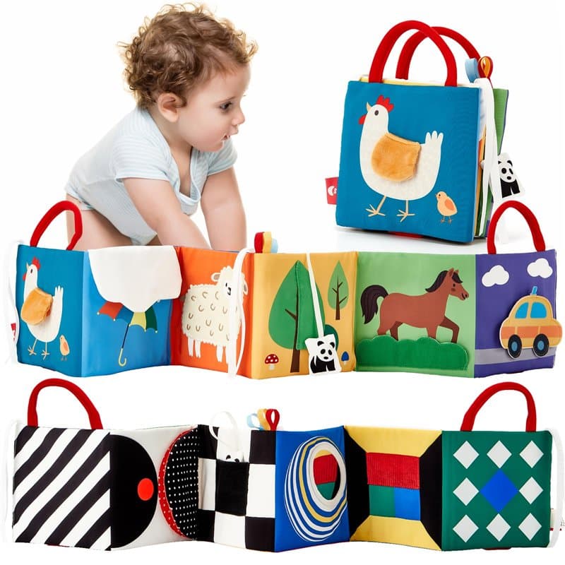 hahaland Livre Tissu Bébé Eveil 0 3 6 Mois, Jouet Suspendre avec Noir et Blanc pour Poussettes, Livre Doux Froissé avec des Anim