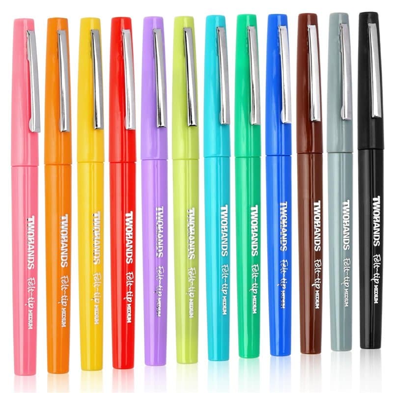 TWOHANDS 12 Stylos feutres, pointe moyenne (0,7 mm), assortiment de couleurs, Feutres de Coloriage Pour Peinture, croquis, codag