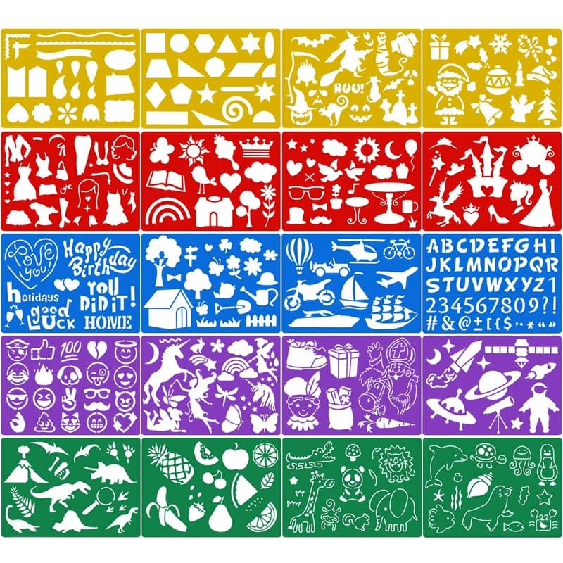 Qpout 20 pièces Modèles de Dessin en Couleur pour Enfants, Plastique Pochoir de Peinture pour Enfants Anniversaire Halloween Noë