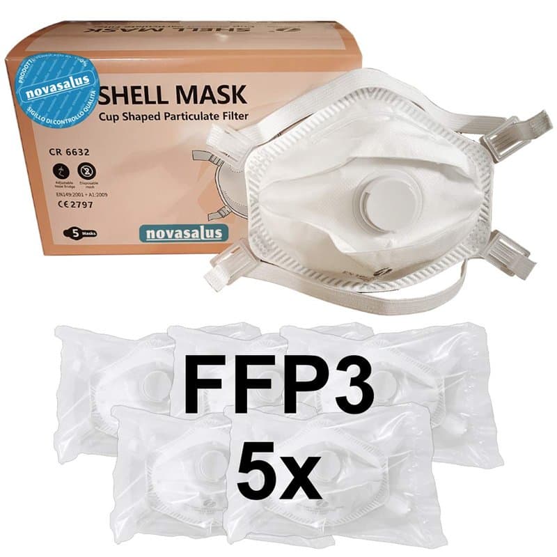 Novasalus Masques respiratoires FFP3 avec Valve, masques de protection «Cup Shape», certificat CE 2797 - Lot de 5 masques FFP3 N