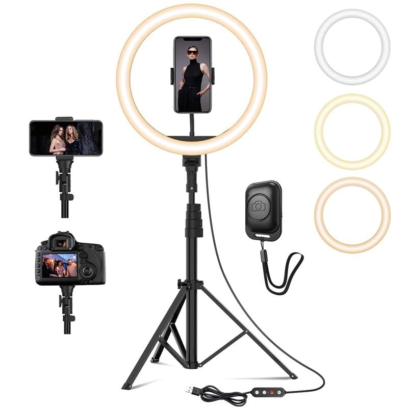 YOHOOLYO 12" Ring Light avec Trépied 64" Anneau Lumineux LED avec 10 Luminosité 3 Modes d'Eclairage, Trepied Smartphone Selfie L