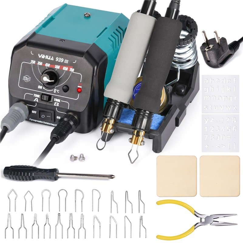 YIHUA 939-III Kit d'outils de pyrogravure Station de pyrogravure bois avec 2 stylos de pyrogravure (type fil-pointe) avec 20 emb