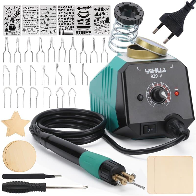 YIHUA 939-V Kit de Pyrograveur sur Bois avec 23 Pointes en Fil, Stylo de Pyrogravure Détachable, 6 Morceaux de Bois, 6 Pochoirs,