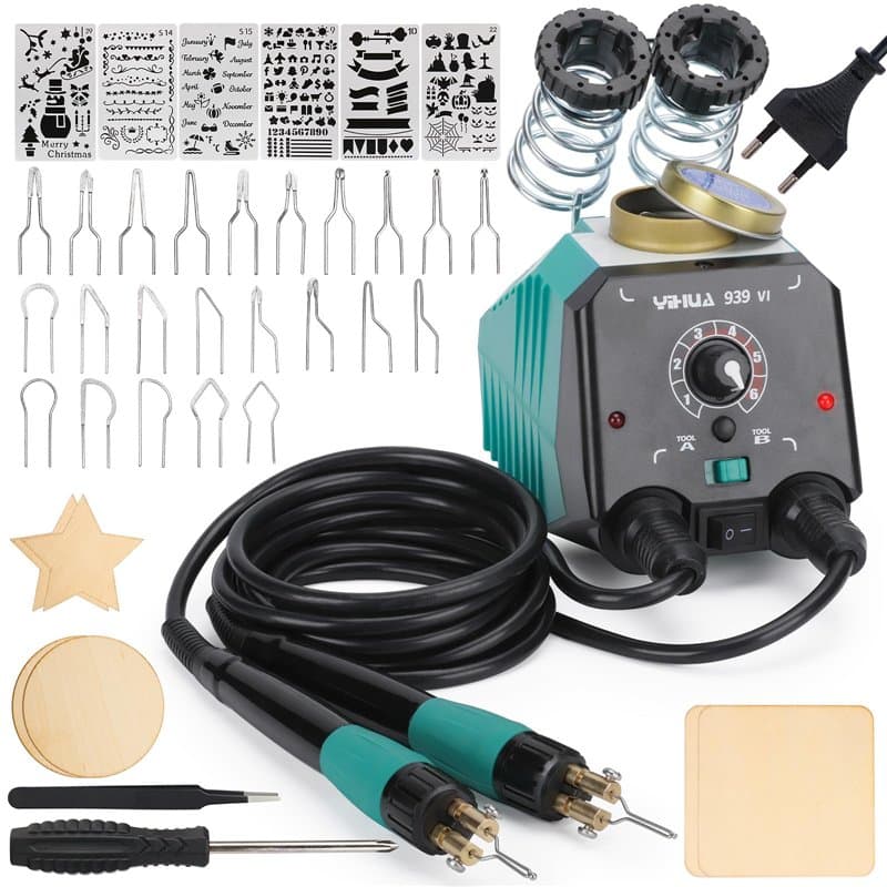YIHUA 939-VI Kit de Pyrograveur sur Bois à Deux Stylos avec 23 Pointes en Fil de Formes Variées Stylo de Pyrogravure Détachable