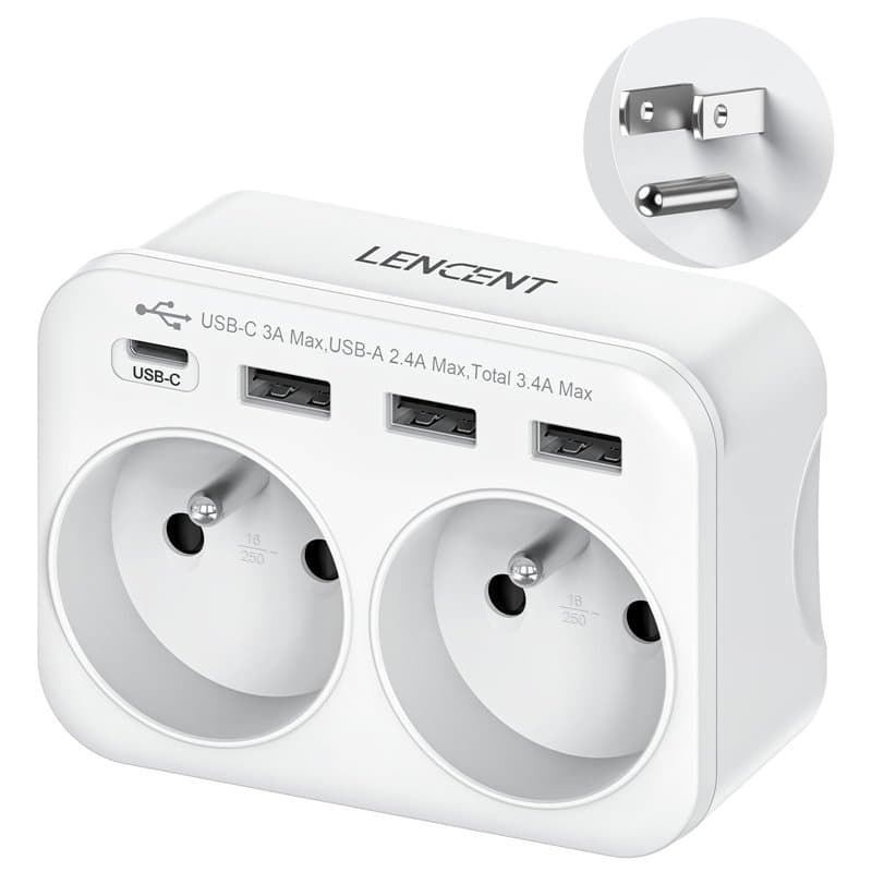LENCENT Adaptateur Prise USA Américaine Canada, Prise Française avec 3 Ports USB et 1 Port USB-C adapté aux États-Unis Mexique T